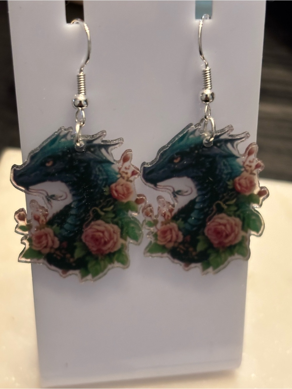 Title: Blue Dragon Rose Acrylic Dangle Earrings | Blue Teal Dragon With Pink Pea